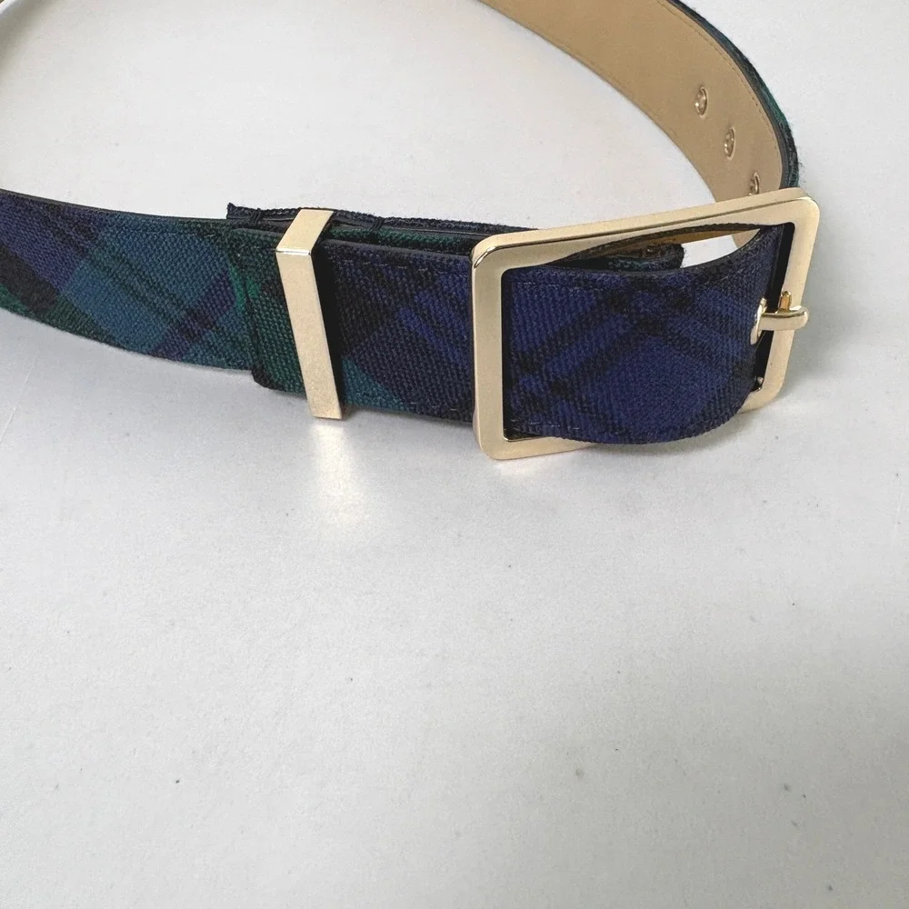 Talbots Black Watch Plaid Belt Womens M Blue Green Wool Blend Gold Buckle